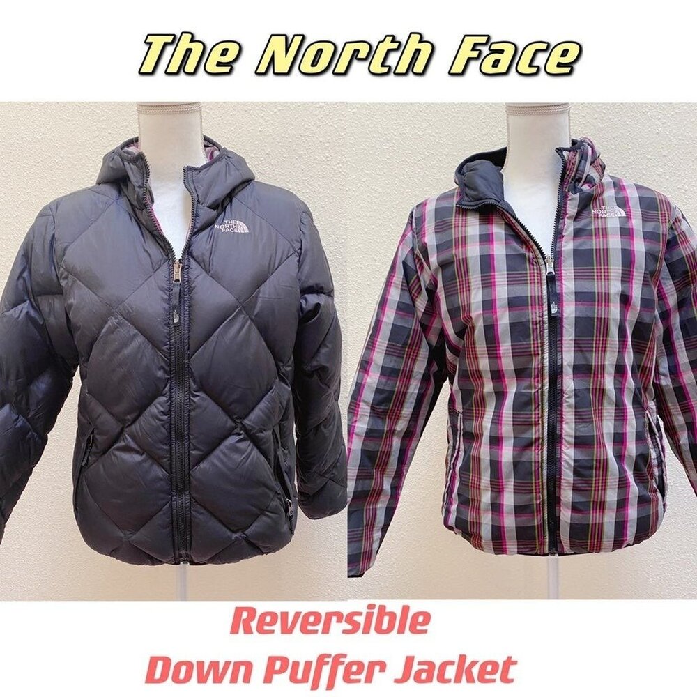 The North Face Puffer Jacket Girls L REVERSIBLE Pink Black 550 Down sz 14/16